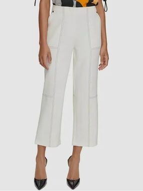 Karl Lagerfeld Light Cream Cropped Wide-Leg Pants with Contrast Stitch